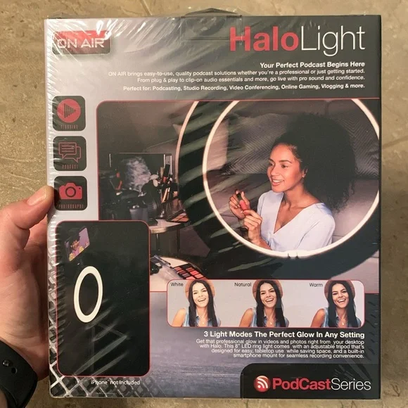 NWT Halo Light 8” LED Ring Light Podcast Series USB Desktop Tripod Stand
